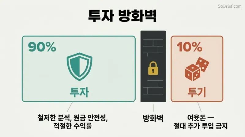 Two separated containers showing a large 90% investment zone in teal divided by a thick firewall from a small 10% speculation zone in terracotta.