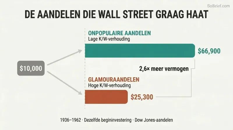 Fork diagram showing the same ten-thousand-dollar investment splitting into two bars — unpopular low-P/E stocks growing far larger than glamour high-P/E stocks.