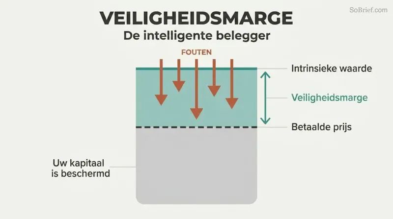 Vertical value bar showing intrinsic value above price paid, with a teal buffer zone between them absorbing downward error arrows before they reach the investment principal.
