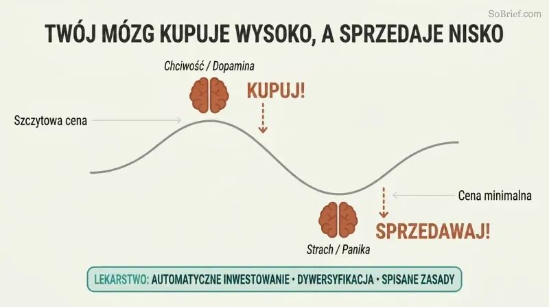 Market price wave with brain icons at peak labeled "BUY" and at trough labeled "SELL," showing how emotions invert optimal investment timing.