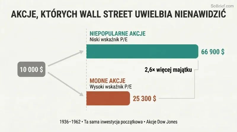 Fork diagram showing the same ten-thousand-dollar investment splitting into two bars — unpopular low-P/E stocks growing far larger than glamour high-P/E stocks.