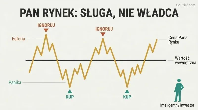 Steady horizontal value line with a volatile price line swinging above and below it, showing buy opportunities at panic troughs and ignore signals at euphoric peaks.