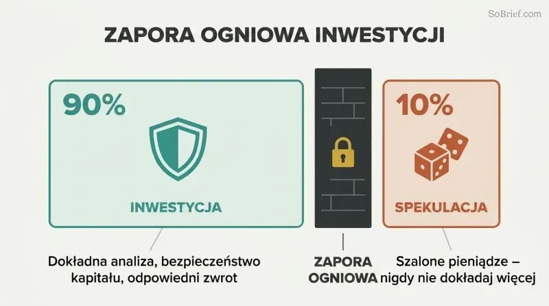Two separated containers showing a large 90% investment zone in teal divided by a thick firewall from a small 10% speculation zone in terracotta.