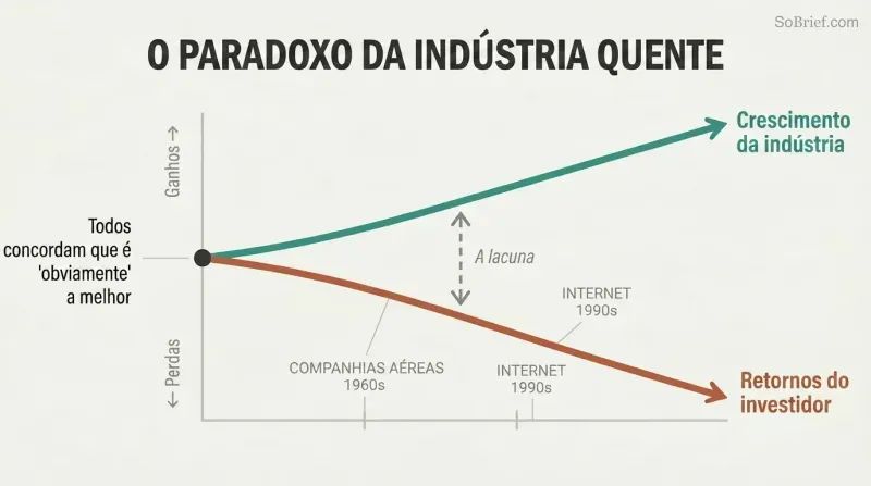 Two lines diverging from a shared starting point, with industry growth rising upward while investor returns fall downward, showing how booming sectors disappoint investors.