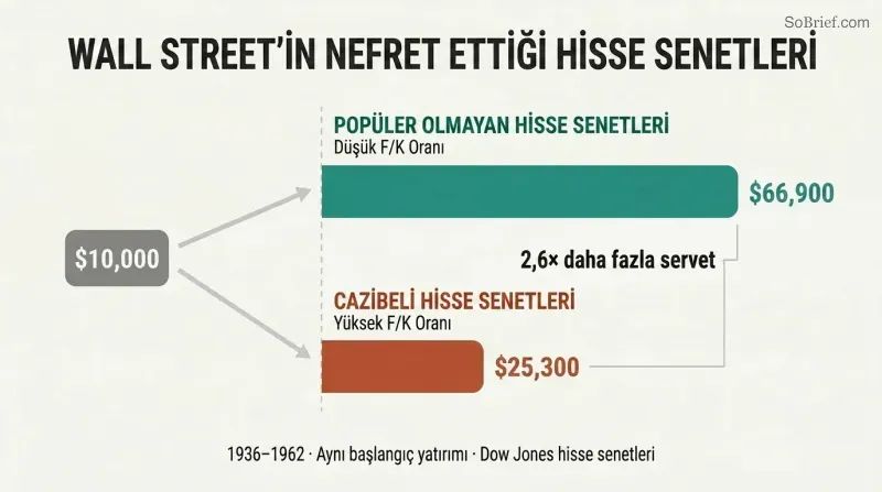 Fork diagram showing the same ten-thousand-dollar investment splitting into two bars — unpopular low-P/E stocks growing far larger than glamour high-P/E stocks.