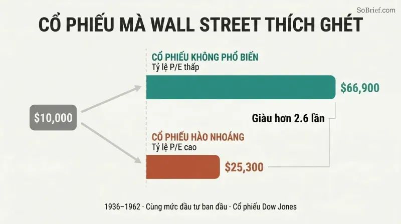 Fork diagram showing the same ten-thousand-dollar investment splitting into two bars — unpopular low-P/E stocks growing far larger than glamour high-P/E stocks.