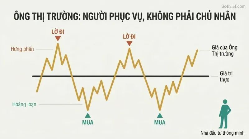 Steady horizontal value line with a volatile price line swinging above and below it, showing buy opportunities at panic troughs and ignore signals at euphoric peaks.