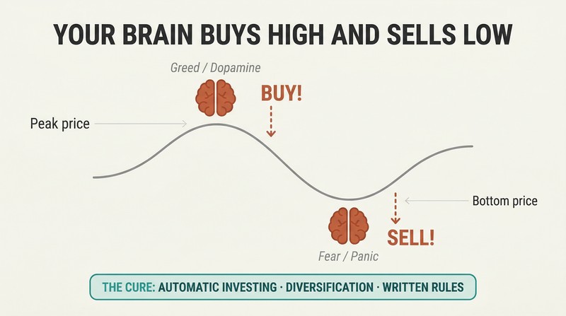 Market price wave with brain icons at peak labeled "BUY" and at trough labeled "SELL," showing how emotions invert optimal investment timing.