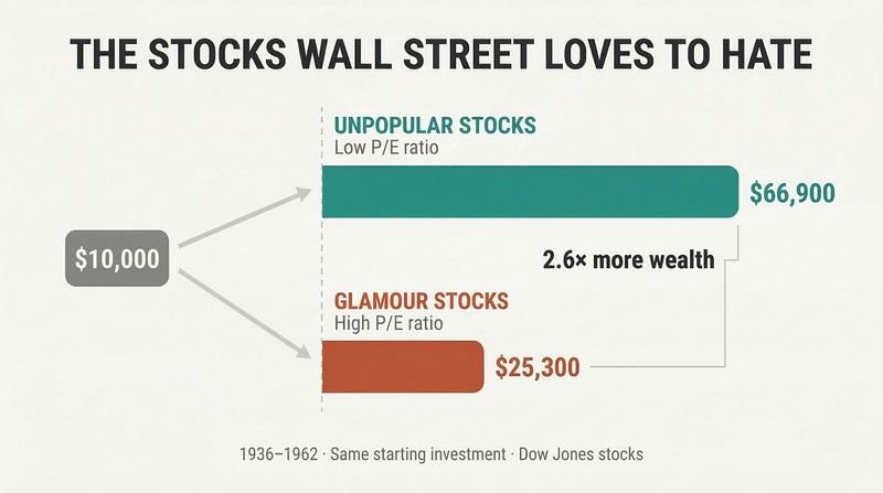 Fork diagram showing the same ten-thousand-dollar investment splitting into two bars — unpopular low-P/E stocks growing far larger than glamour high-P/E stocks.
