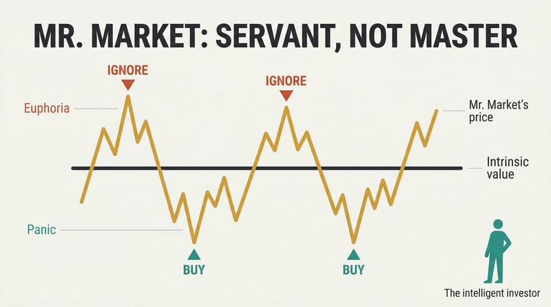 Steady horizontal value line with a volatile price line swinging above and below it, showing buy opportunities at panic troughs and ignore signals at euphoric peaks.