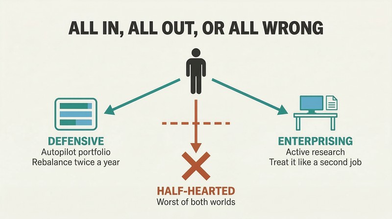 Three-path fork where full autopilot and full active investing lead upward to success while the half-hearted middle path drops into a dead-end trap.