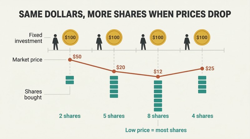 Timeline showing four equal dollar investments at varying market prices, with taller share stacks where prices dip lowest, illustrating dollar-cost averaging.