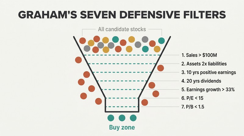 Funnel narrowing through seven horizontal filter bars, showing many stocks entering at top and only a few qualifying stocks emerging at bottom.