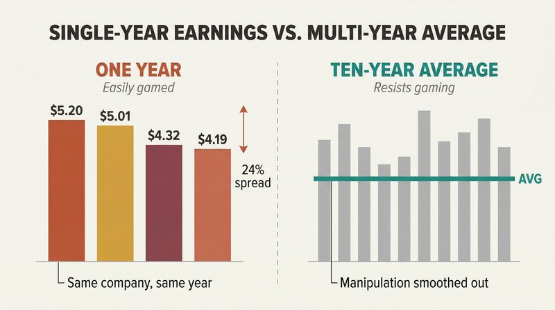 Split panel comparing four conflicting single-year earnings bars on the left with a stable multi-year average line across ten yearly bars on the right.