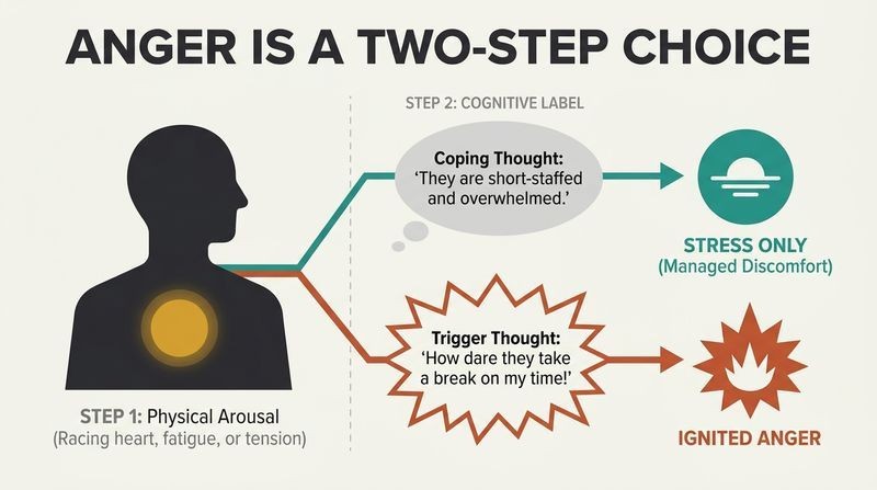 Branching diagram demonstrating that physical stress only leads to ignited anger if combined with trigger thoughts, while objective coping thoughts defuse it into mere discomfort.