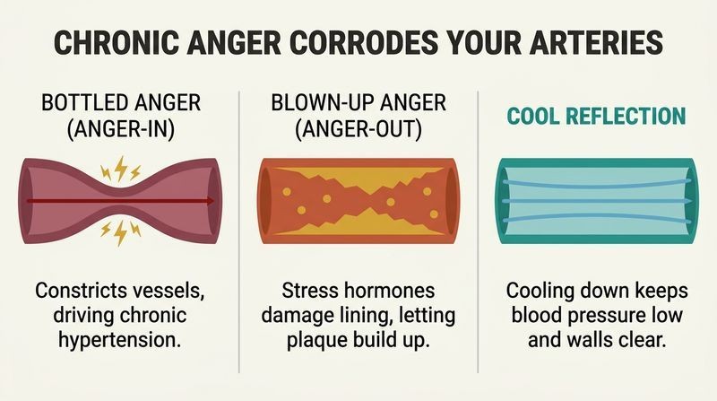 Three-panel diagram comparing the physical effects of suppressed anger (constricted arteries), expressed anger (plaque buildup), and reflection (healthy, clear blood flow).