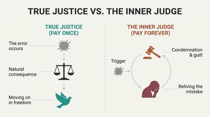 Split panel diagram comparing a healthy, linear path of paying once for a mistake versus an endless cycle of self-punishment between an internal judge and victim.