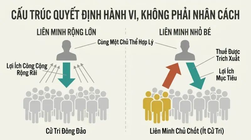 Split panel diagram comparing a large coalition system to a tiny coalition system, showing how the size of the voting base dictates whether a leader distributes public goods or extracts high taxes for private payoffs.