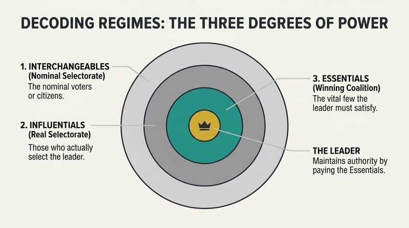 Concentric target diagram showing the nested structure of political power: Interchangeables on the outside, Influentials in the middle, and Essentials at the core surrounding the Leader.