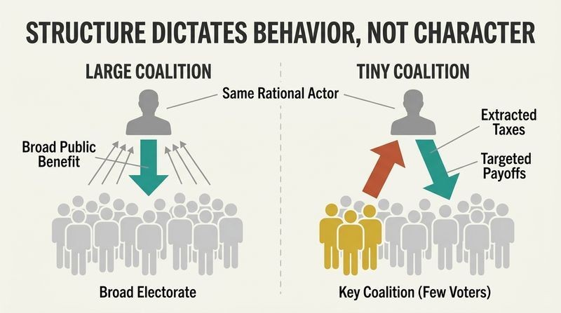 Split panel diagram comparing a large coalition system to a tiny coalition system, showing how the size of the voting base dictates whether a leader distributes public goods or extracts high taxes for private payoffs.