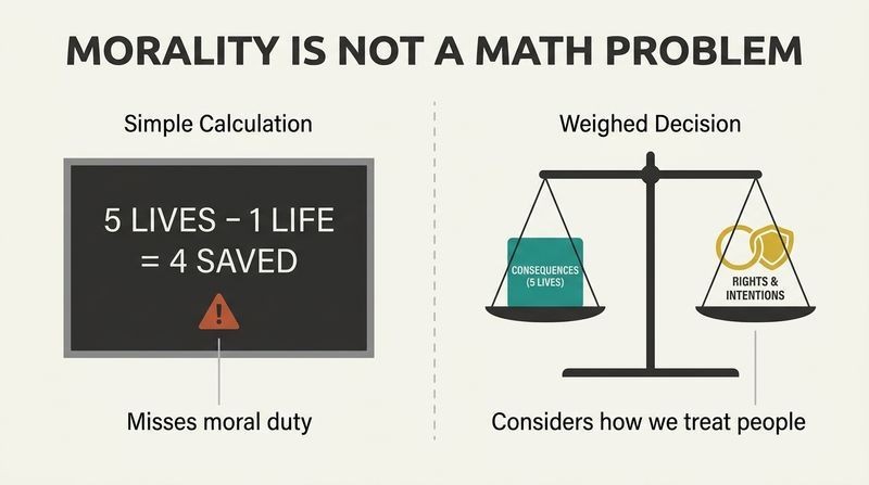 A split-panel diagram comparing a simple, cold math equation (5 lives minus 1 life) on the left with a balanced scale weighing quantitative consequences against qualitative rights and intentions on the right.