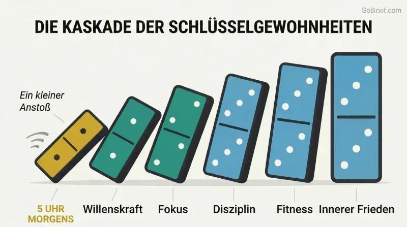 Row of progressively larger dominoes tipping left to right, with the smallest labeled 5 AM triggering larger ones labeled with life improvements like willpower, focus, and fitness.