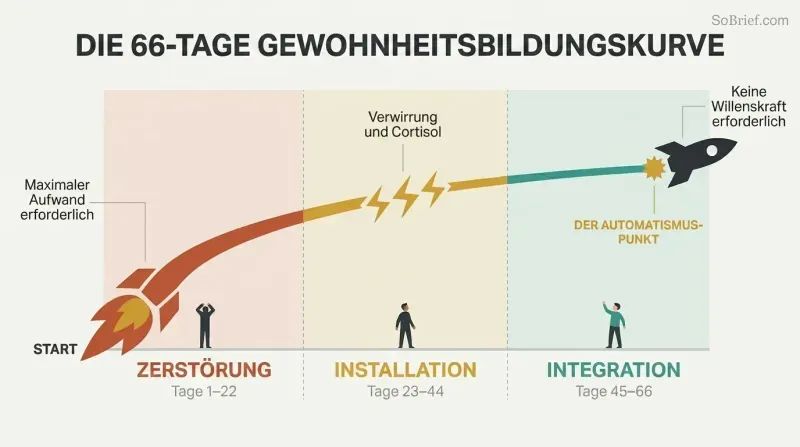 Ascending rocket trajectory passing through three color-coded phases — fiery destruction, turbulent installation, and smooth integration — across a 66-day timeline.