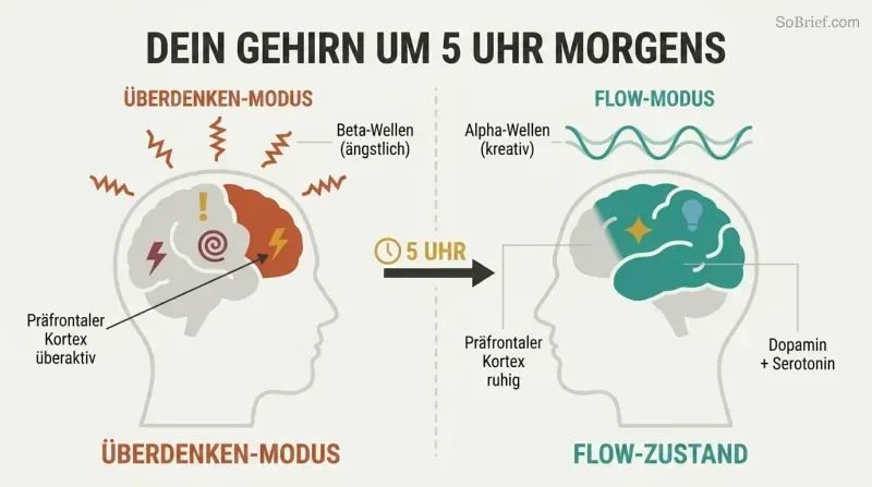 Split panel comparing two brain states: a chaotic overthinking brain with jagged beta waves on the left versus a calm creative brain with smooth alpha waves and flow state on the right.