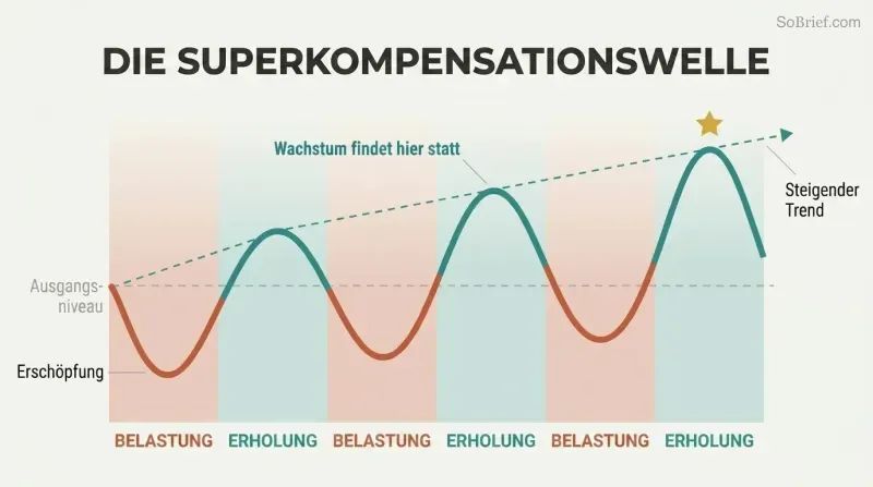 Oscillating wave showing performance dipping during work phases and rising higher during each rest phase, creating an upward growth trajectory.