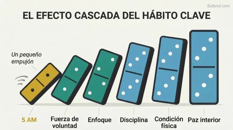Row of progressively larger dominoes tipping left to right, with the smallest labeled 5 AM triggering larger ones labeled with life improvements like willpower, focus, and fitness.