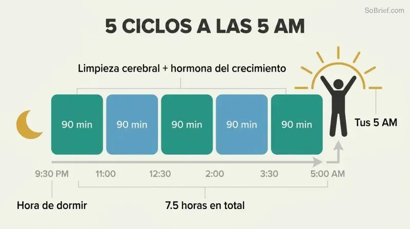 Five sequential 90-minute sleep cycle blocks spanning 9:30 PM to 5 AM form a platform from which a sunrise silhouette and energized figure rise.