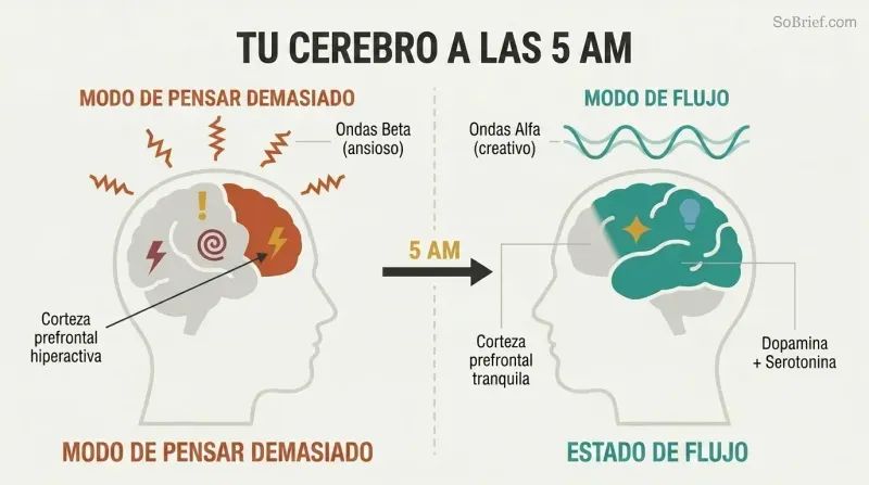 Split panel comparing two brain states: a chaotic overthinking brain with jagged beta waves on the left versus a calm creative brain with smooth alpha waves and flow state on the right.