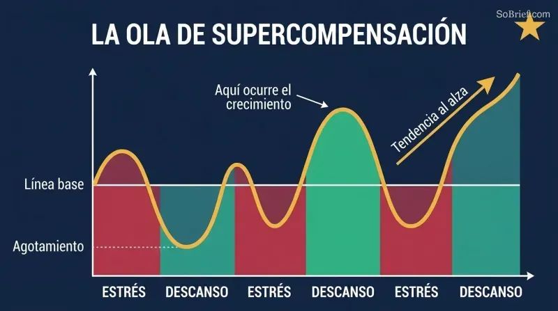 Oscillating wave showing performance dipping during work phases and rising higher during each rest phase, creating an upward growth trajectory.