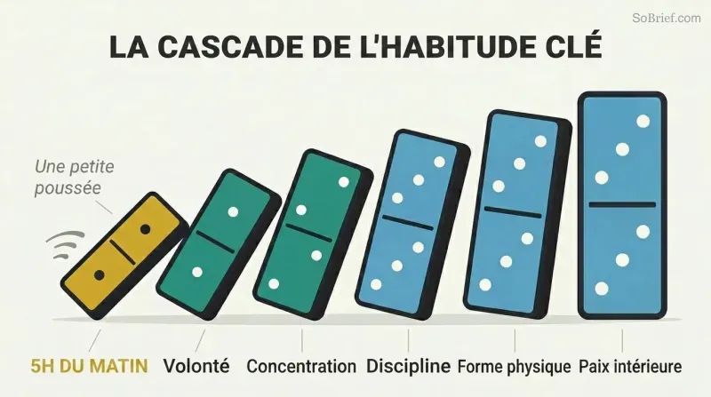 Row of progressively larger dominoes tipping left to right, with the smallest labeled 5 AM triggering larger ones labeled with life improvements like willpower, focus, and fitness.