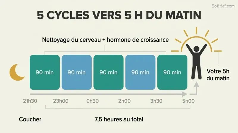 Five sequential 90-minute sleep cycle blocks spanning 9:30 PM to 5 AM form a platform from which a sunrise silhouette and energized figure rise.