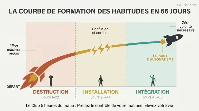 Ascending rocket trajectory passing through three color-coded phases — fiery destruction, turbulent installation, and smooth integration — across a 66-day timeline.