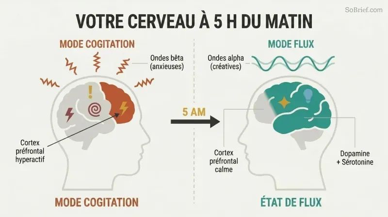 Split panel comparing two brain states: a chaotic overthinking brain with jagged beta waves on the left versus a calm creative brain with smooth alpha waves and flow state on the right.