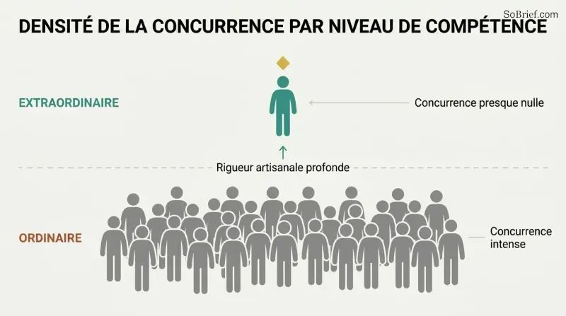 Vertical elevation diagram contrasting a dense crowd of silhouettes packed at the ordinary level below with a single figure standing alone in open space at the extraordinary level above.