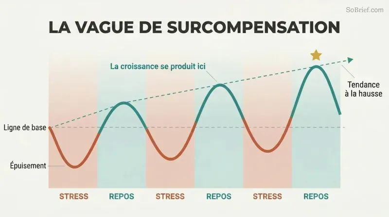 Oscillating wave showing performance dipping during work phases and rising higher during each rest phase, creating an upward growth trajectory.
