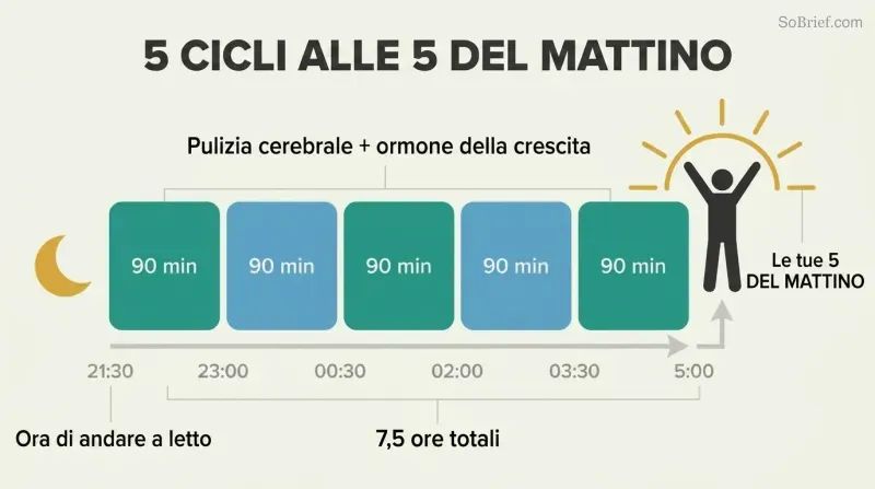 Five sequential 90-minute sleep cycle blocks spanning 9:30 PM to 5 AM form a platform from which a sunrise silhouette and energized figure rise.