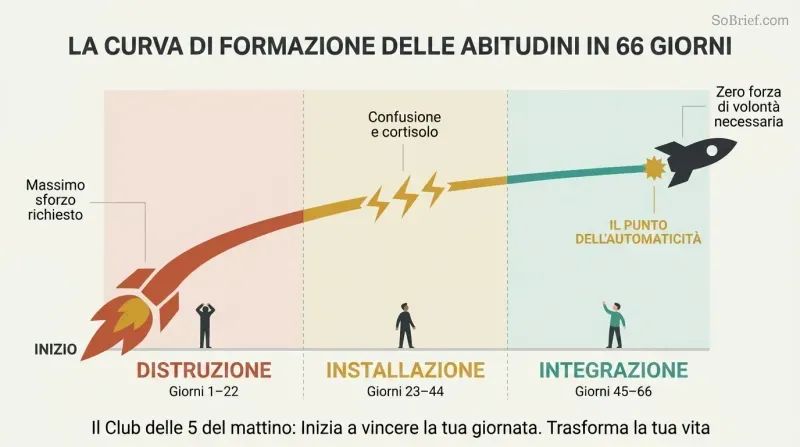 Ascending rocket trajectory passing through three color-coded phases — fiery destruction, turbulent installation, and smooth integration — across a 66-day timeline.