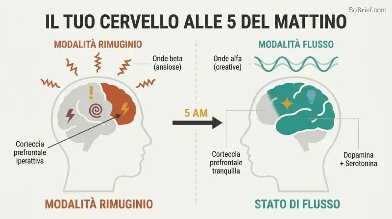 Split panel comparing two brain states: a chaotic overthinking brain with jagged beta waves on the left versus a calm creative brain with smooth alpha waves and flow state on the right.