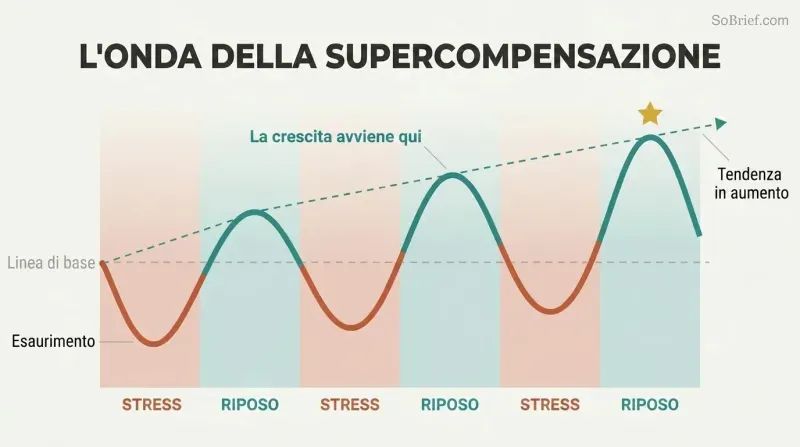 Oscillating wave showing performance dipping during work phases and rising higher during each rest phase, creating an upward growth trajectory.