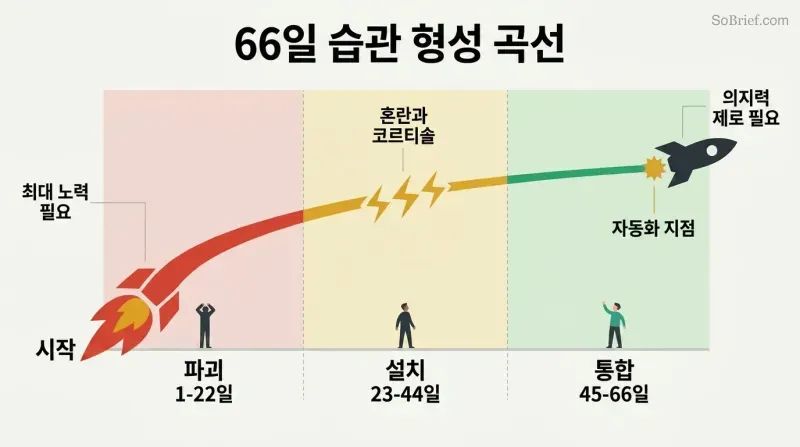 Ascending rocket trajectory passing through three color-coded phases — fiery destruction, turbulent installation, and smooth integration — across a 66-day timeline.
