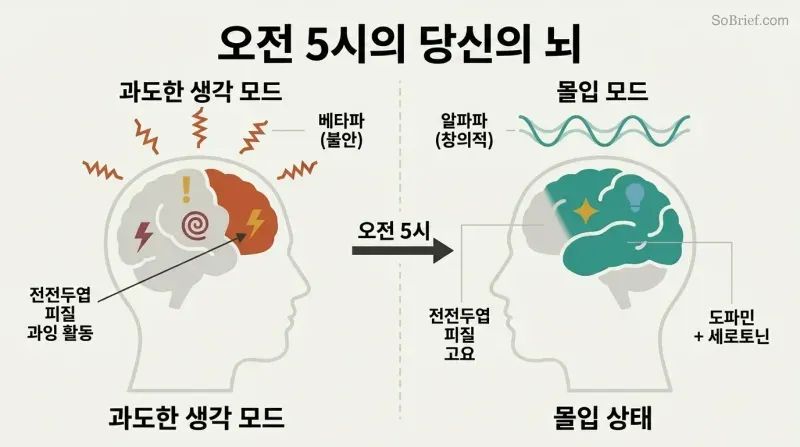 Split panel comparing two brain states: a chaotic overthinking brain with jagged beta waves on the left versus a calm creative brain with smooth alpha waves and flow state on the right.