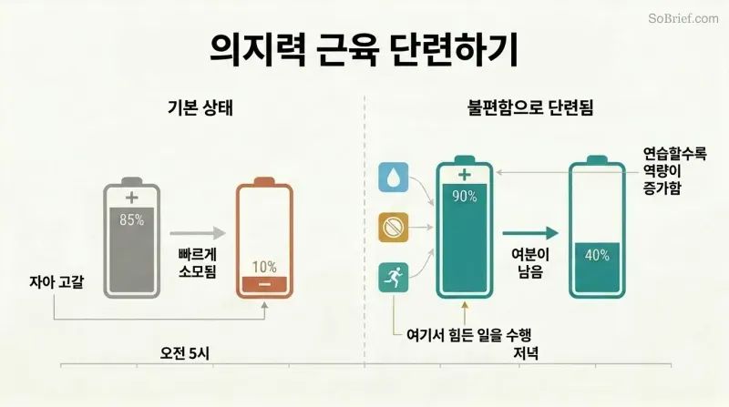 Two battery bars compared across morning and evening, showing a small untrained battery emptying quickly versus a larger discomfort-trained battery retaining reserves.
