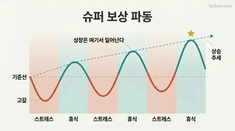 Oscillating wave showing performance dipping during work phases and rising higher during each rest phase, creating an upward growth trajectory.