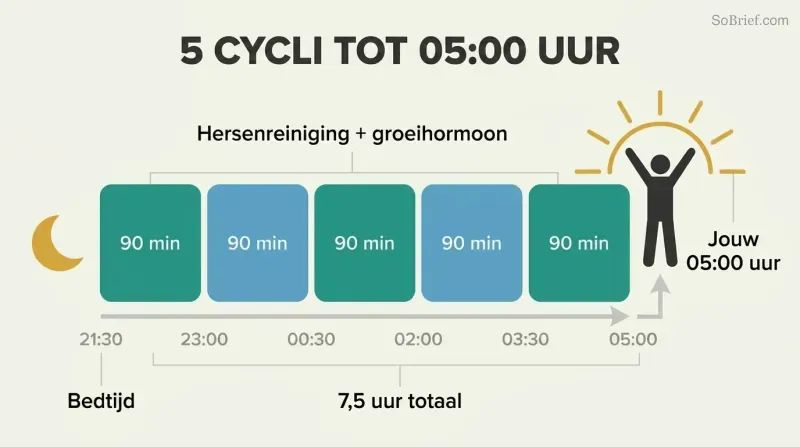 Five sequential 90-minute sleep cycle blocks spanning 9:30 PM to 5 AM form a platform from which a sunrise silhouette and energized figure rise.