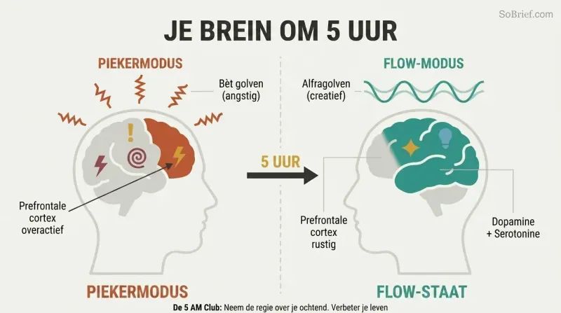 Split panel comparing two brain states: a chaotic overthinking brain with jagged beta waves on the left versus a calm creative brain with smooth alpha waves and flow state on the right.