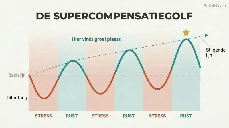 Oscillating wave showing performance dipping during work phases and rising higher during each rest phase, creating an upward growth trajectory.